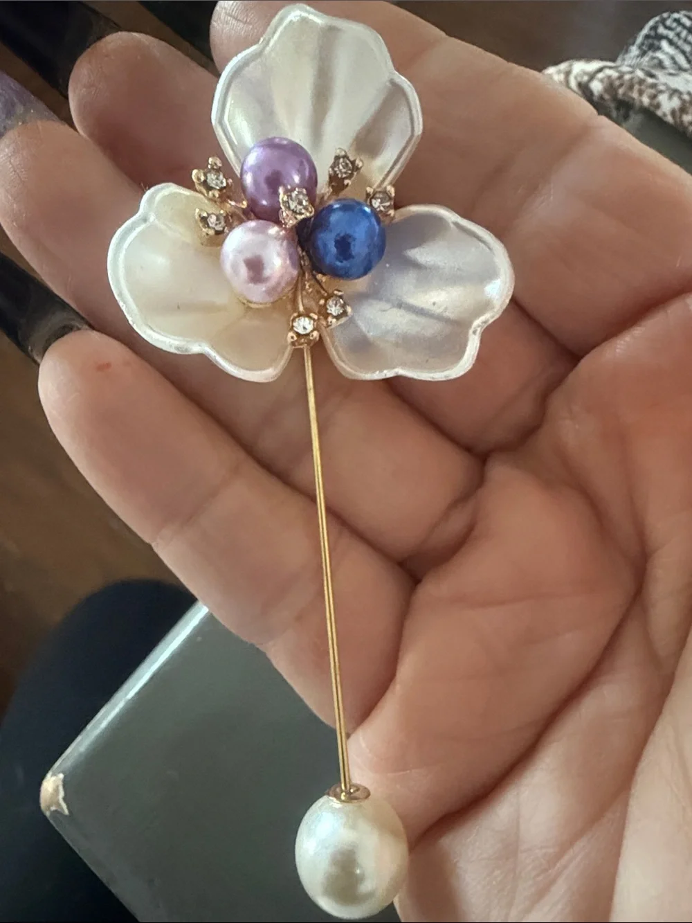 Pearl Floral Brooch Pin - Multicolor Pearls on White Flower NEW With Box